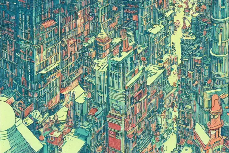 Prompt: a scene of a bustling fantasy city, risograph, retro fantasy style, victo ngai, moebius, studio ghibli
