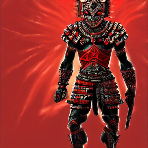 Prompt: aztec warrior in a ornated armor preparing for war, full body, dynamic pose, red and black neon, concept art, intricate details, highly professionally detailed, cgsociety, highly detailed -