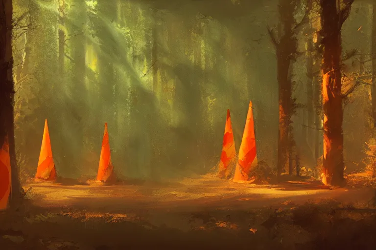 Image similar to orange construction cones, in a forest, atmosphere, highly detailed, craig mullins, james jean, digital painting, cinematic lighting, 4 k