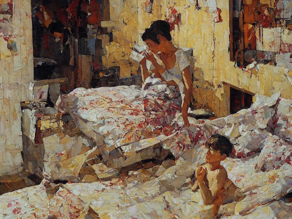 Image similar to bedroom, heatwave, Denis sarazhin, oil on canvas