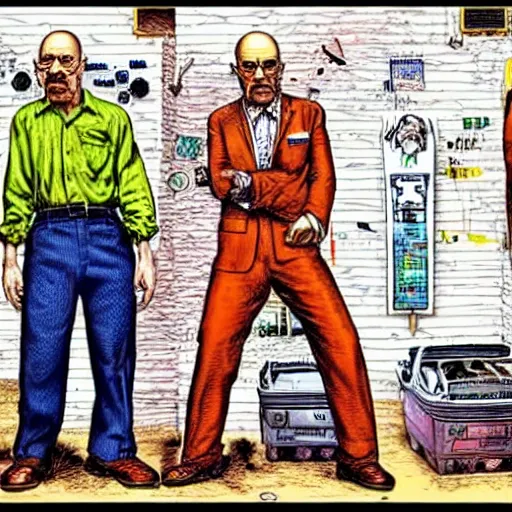 Prompt: The Artwork of R. Crumb and his Cheap Suit Breaking-Bad-Walter-White, pencil and colored marker artwork, trailer-trash lifestyle