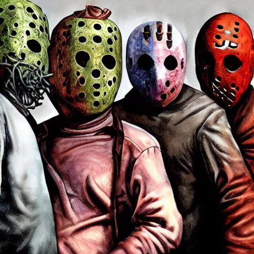 Image similar to photorealistic JasonVoorhees, Freddy Krueger, Leatherface and Ghostface posing for a family picture together