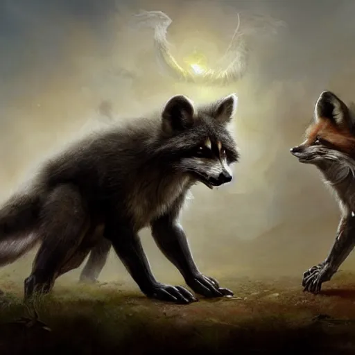 Prompt: a ultradetailed beautiful concept art of a chimera composed by a raccoon and a fox concept art, high resolution 4 k, by tom bagshaw, greg rutkowski, charli bowater and artgeem