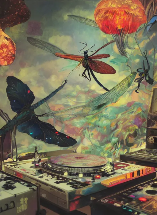 Prompt: surreal gouache painting, by yoshitaka amano, by ruan jia, by Conrad roset, by good smile company, detailed anime 3d render of a magical Dragonfly flying over a Mushroom on a DJ Mixer, Vinyl deck, controller, portrait, cgsociety, artstation, rococo mechanical and Digital and electronic, dieselpunk atmosphere