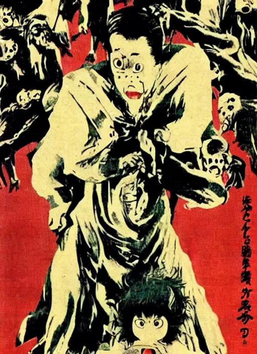 Image similar to vintage japanese movie poster with nightmarish monsters, from a 1 9 8 0 s japanese horror movie