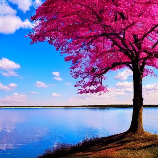 Image similar to Pink tree beside a large lake, landscape in the style of realism