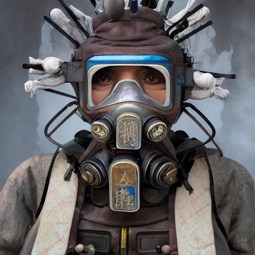 Image similar to japanese solarpunk curator in an art gallery with extremely detailed respirators and head gear, inspired by die antwoord beautiful, hand painted textures, cloth physics, deviantart, karol bak, masamune shirow, black and white, photorealistic, concept art, perfect render, 3 d render, pixar, 8 k