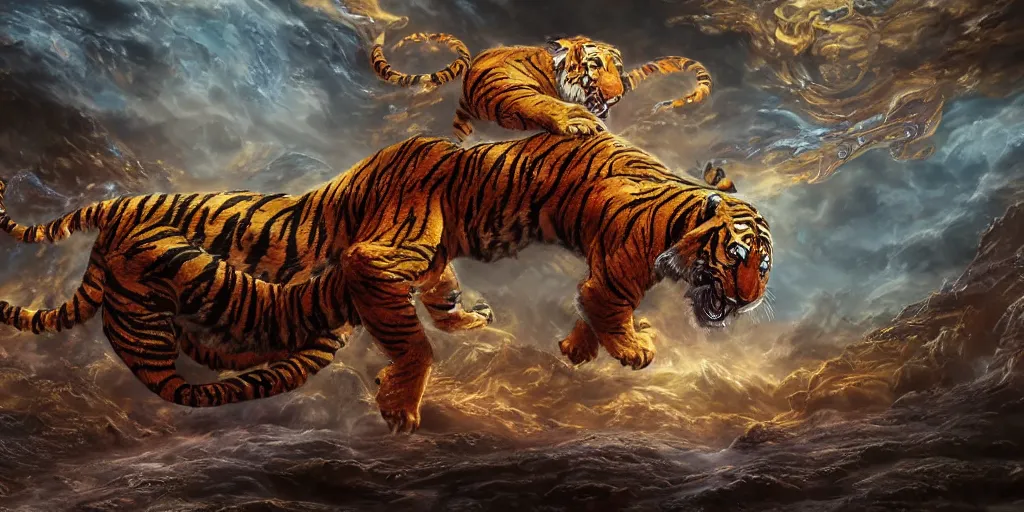 Prompt: concept art of translucent glowing tiger dancing, big booty, flowy, melting, round moon, swirly clouds, very detailed, volumetric light, mist, fine art, textured oil over canvas, dragons, epic fantasy art, very colorful, ornate intricate scales, gold skulls, fractal gems, 8 k, hyper realistic, high contrast