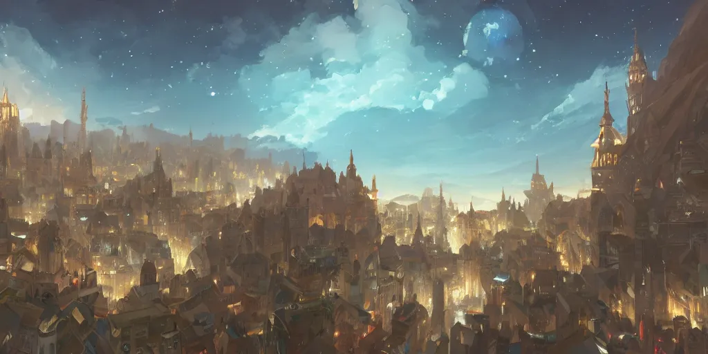 Image similar to Fantastic medieval city with sky in which stars and comets are visible, digital painting, concept art, artstation, 4k, by Makoto Shinkai, Maya Takamura, and James Jean