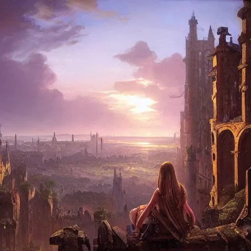 Prompt: a girl looks over a view at sunset, the view is of a sprawling medieval city that is built amidst decaying brutalist architecture and overgrown by the rainforest, rpg, hubert robert, cityscape, panorama