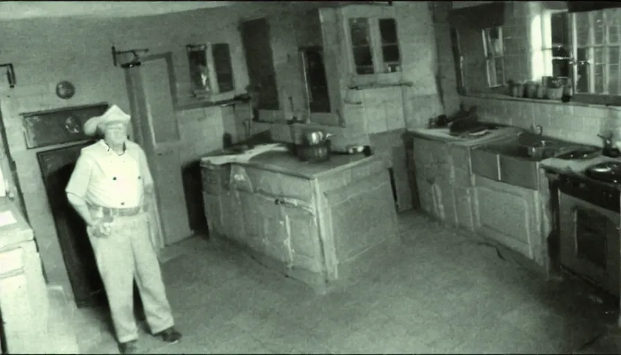 Image similar to a big snake and a man in a stalinist style kitchen, by mini dv camera, very very low quality, heavy grain, very blurry, accidental flash, webcam footage, found footage, security cam, caught on trail cam