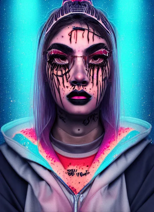 Image similar to digital painting of a streetwear woman wearing thick mascara, crying, a city burns in the background, police lights, distress, tattoos, dark glitter, Cinestill 50d, 4k, 8k, hd, full color, octane render, trending on artstation, highly detailed