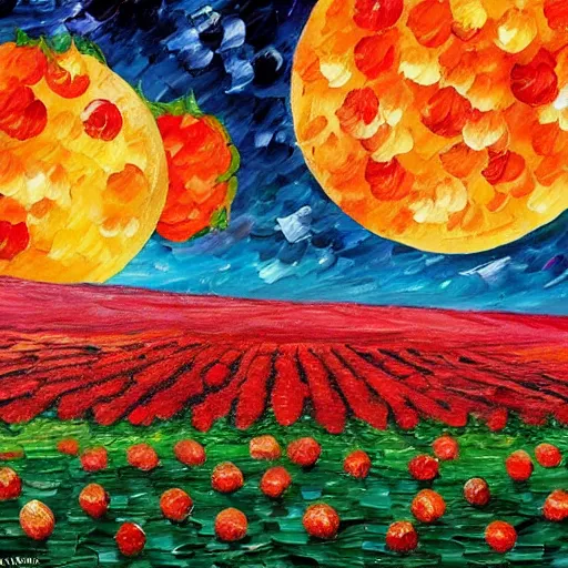 Image similar to a strawberry moon in the night sky over a field of strawberries, inspired by vincent van gogh, leonid afremov, okuda san miguel, pinks, oranges, reds post - impressionism 3 d - like