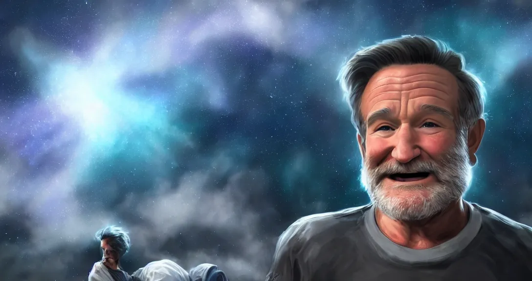 Image similar to robin williams, white beard, space clouds, milkyway, blue eyes, smiling, single subject, intricate, detailed, volumetric lighting, scenery, digital painting, highly detailed, artstation, sharp focus