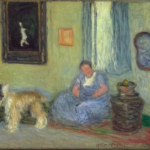 Image similar to a westie dog throwing up on the floor of a living room while a family watches by monet