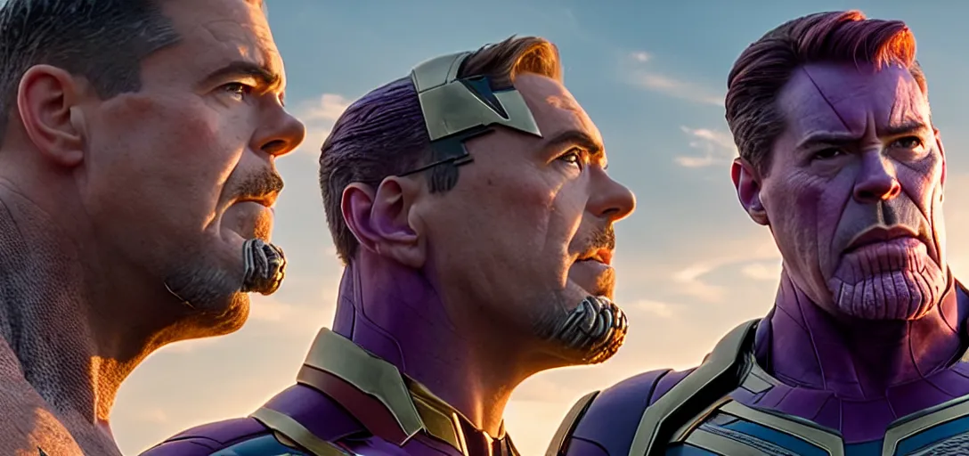 Image similar to a very high resolution image from a new movie. thanos kissing tony stark while capitan america watches on a lake, photorealistic, photography, directed by wes anderson