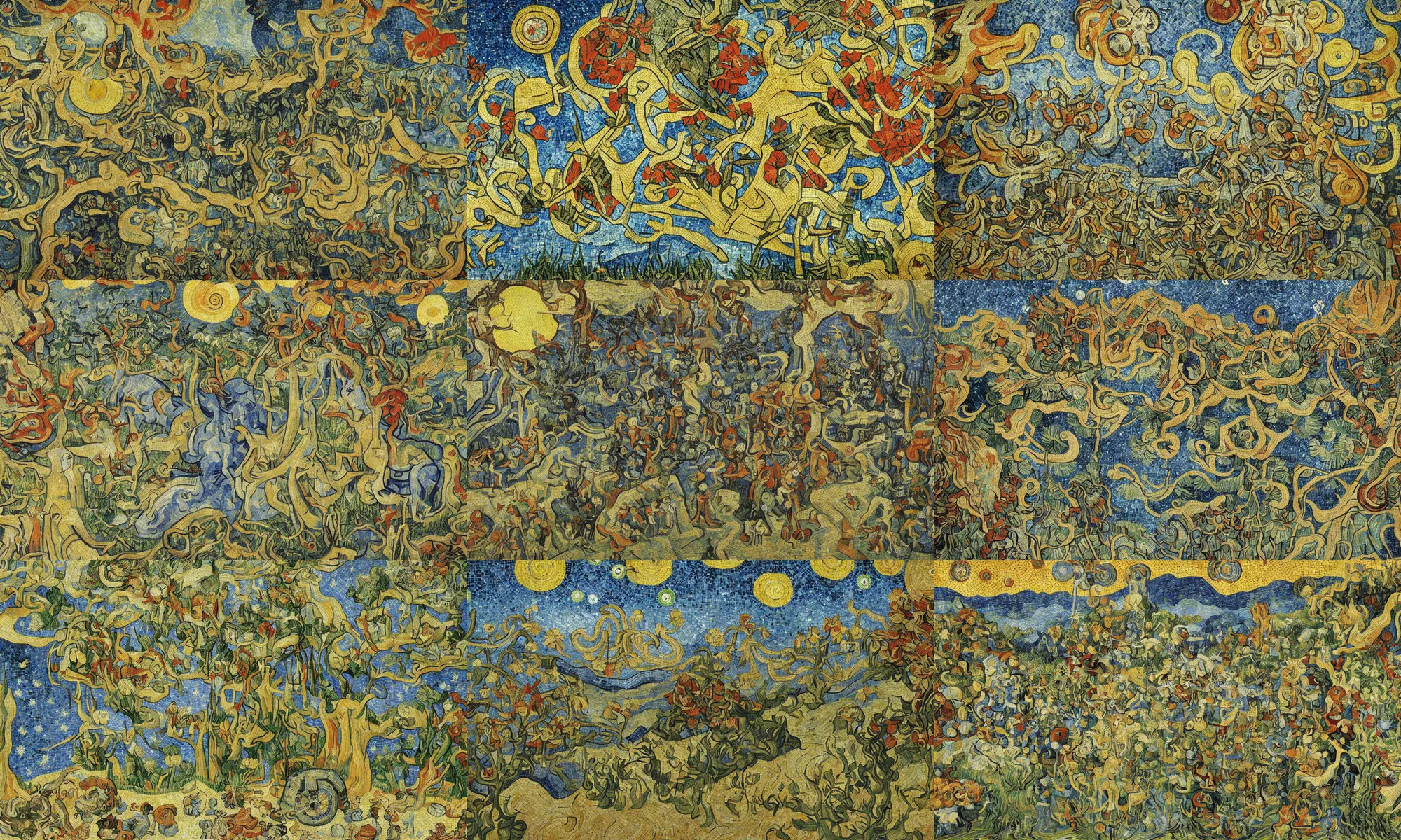Prompt: an incredibly detailed masterpiece painting of a mosaic mural by bosch and van gogh, ornate, beautiful, bold colors, detailed, high resolution, wow!, intricate