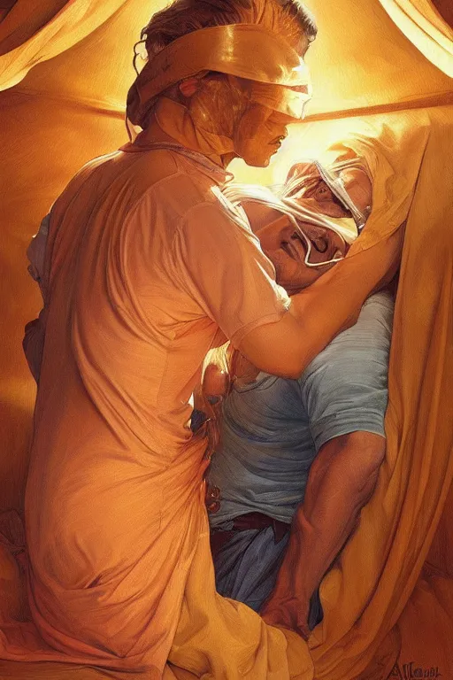 Image similar to portrait of tinfoil hat man in orange t - shirt hugging from behind his wife in a bed, feelings, romantic, fantasy, intricate, elegant, highly detailed, digital painting, artstation, concept art, smooth, sharp focus, illustration, art by artgerm and greg rutkowski and alphonse mucha