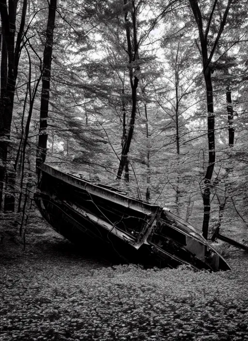 Prompt: crashed vessel in a monochromatic forest