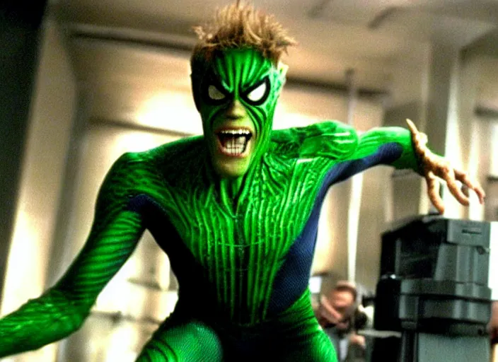 Image similar to film still of Willem Dafoe!!! as Green Goblin in Spider-man 2002