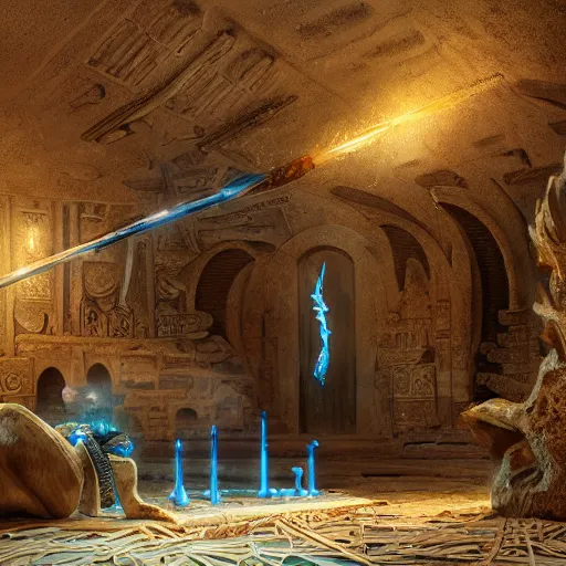 Prompt: fantasy movie scene greg rutkowski digital painting of an ornate and royal egyptian antechamber tomb with a close - up of an old twisted wooden staff weapon with a blue crystal at it's tip laying on a stone altar, unreal engine, hyper realism, realistic shading, cinematic composition, blender render, octane render, hdr, detailed textures, photorealistic, 3 5 mm film