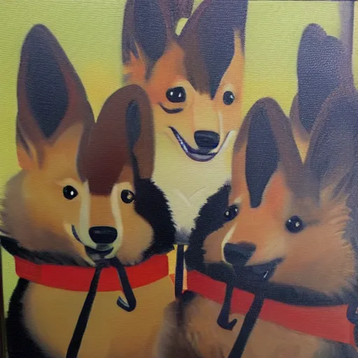 Image similar to oil painting on matte canvas of corgi samurais preparing for battle