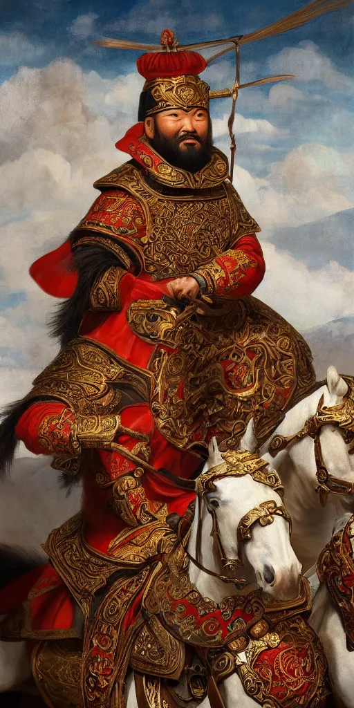 Image similar to Highly detailed and cinematic Renaissance period portrait oil painting of the Mongol Emperor Kublai Khan, an oil painting ((masterpiece)) by ((Josep Tapiró Baró)), dynamic lighting, 8K