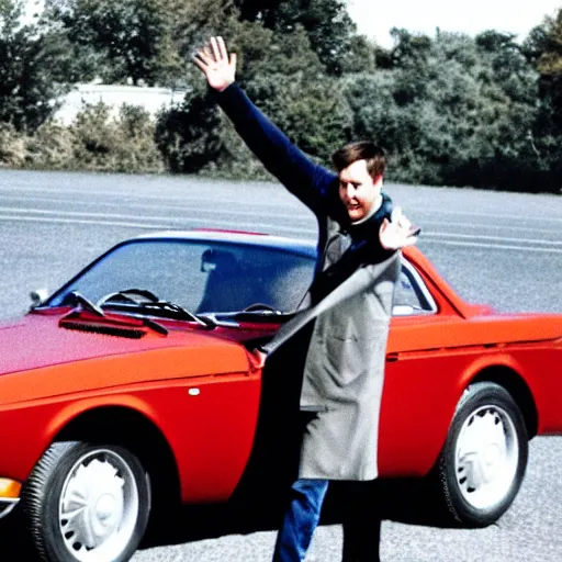 Image similar to close photo of elon musk waving from his lancia fulvia, award winning photograph