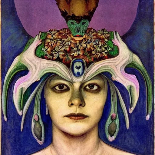 Image similar to the bone crown, the crow crown, by Annie Swynnerton and Nicholas Roerich and Diego Rivera, bioluminescent skin, elaborate costume, geometric ornament, symbolist, cool colors like blue and green and violet, smooth, sharp focus, extremely detailed