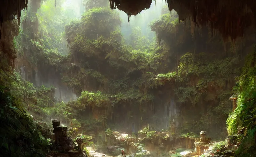 Image similar to painting of an interior of a hidden hotspring in a cave, fantasy, lush plants and flowers, natural light, concept art, by greg rutkowski and craig mullins, cozy atmospheric and cinematic lighting, trending on artstation