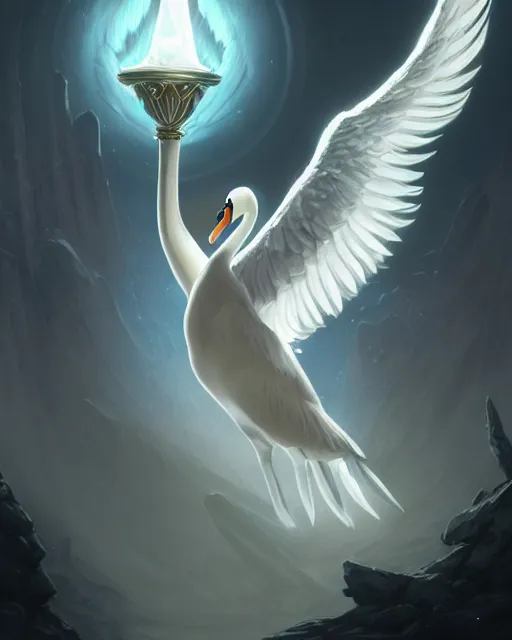 Image similar to Swan, Anthropomorphized, Angelic, Magical, Priest, D&D, artstation, fantasy, magic the gathering artwork, cinematic lighting, centered, symmetrical, highly detailed, digital painting, , concept art, smooth, sharp focus, illustration, volumetric lighting, epic Composition, 8k, art by Akihiko Yoshida and Greg Rutkowski and Craig Mullins, oil painting, cgsociety