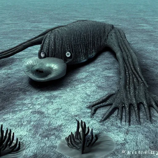 Prompt: a weird creepy creature on the bottom of the ocean, very detailed and photorealistic