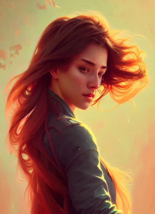 Image similar to handsome young women with shoulder length fire hair, half body shot, path traced, highly detailed, high quality, digital painting, alena aenami, lilia alvarado, shinji aramaki, karol bak, alphonse mucha, tom bagshaw