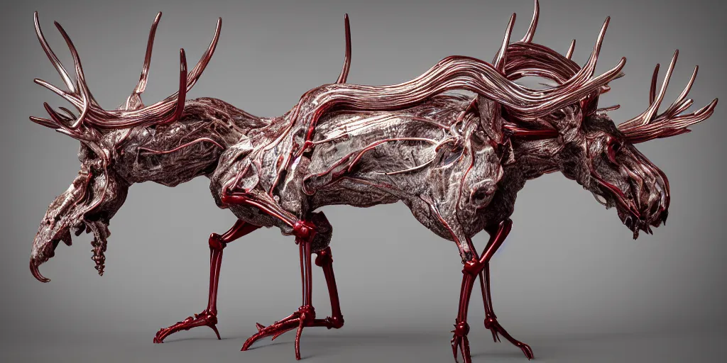 Image similar to stylized shiny polished silver statue full body bizarre extra limbs cosmic horror quadruped animal moose deer skull four legs made of marble of slug worm creature tendrils perfect symmetrical body perfect symmetrical face hyper realistic hyper detailed by johannen voss by michelangelo octane render blender 8 k displayed in pure white studio room anatomical deep red arteries veins flesh hell