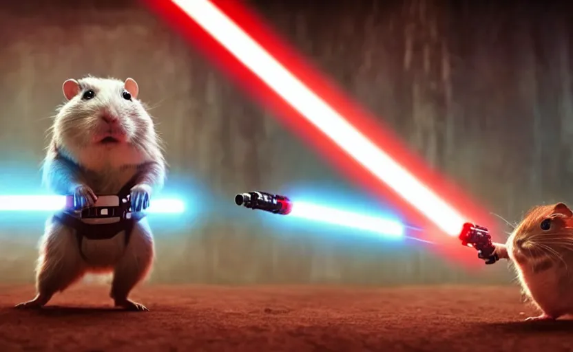 Image similar to movie still, star wars, hamster wielding a lightsaber, cinematic, sharp focus, cinematic lighting, 8 k