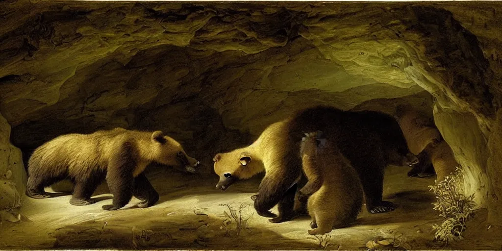 Image similar to viewer looking into dark cave and seeing a mother bear and her cubs sleeping, night time, artwork by Pieter Claesz, impressionism