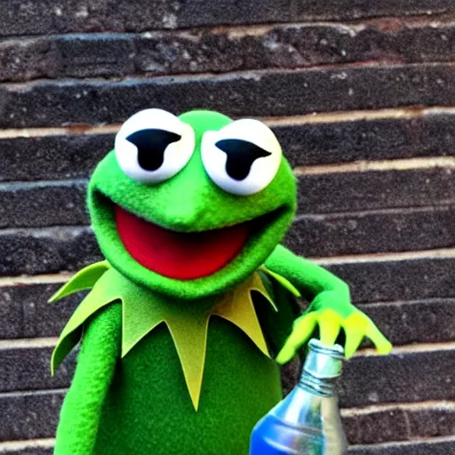 Prompt: kermit the frog drinking a soda