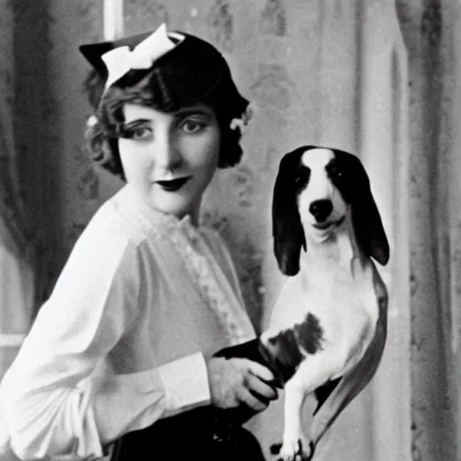 Prompt: an vintage wide snapshot from the 1 9 2 0 s shows a archduchess with posing with her dog, a jack russell terrier, outside an open window. she wears a fancy white shirt with a big bowtie, along with a dark - colored skirt. she wore her wristwatch over the cuff of her blouse in the manner of gianni agnelli.