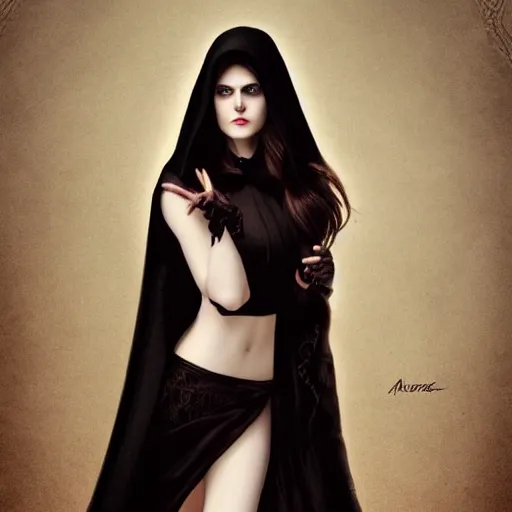 Image similar to Alexandra Daddario, beautiful vampire mistress dressed in a black cloak, by Stanley Artgerm Lau