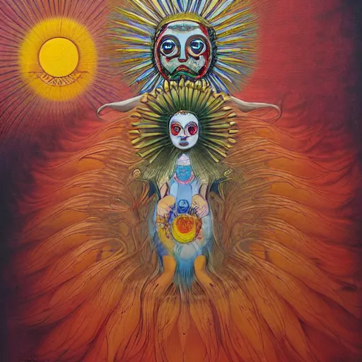 Image similar to the queen of the sun by takashi murakami and zdzisław beksiński, full body, oil on canvas, intricately detailed artwork, full 8k high quality resolution, recently just found unknown masterpiece