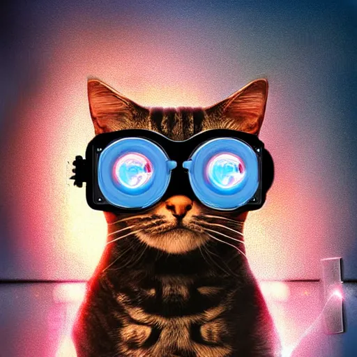 Prompt: cyborg futuristic terminator cat with laser shades, digital art, cinematic