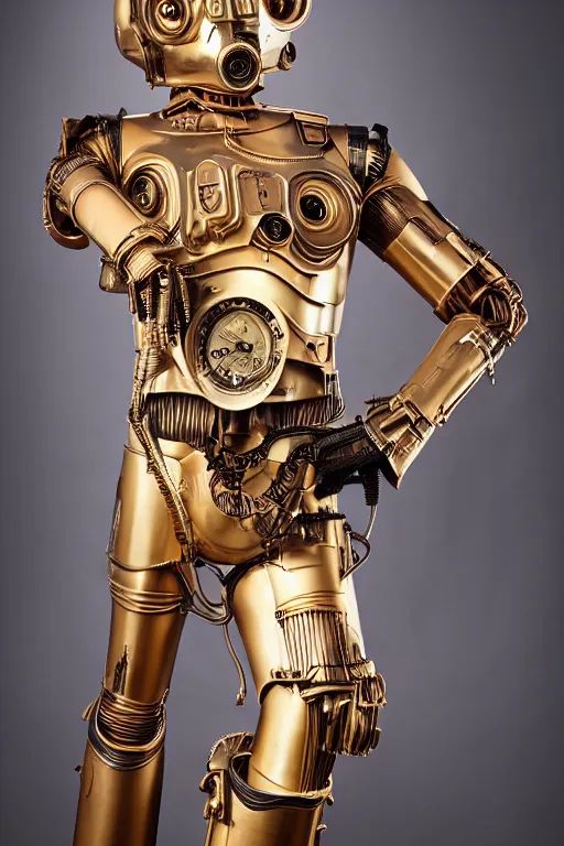 Image similar to steampunk version of c 3 po, promotional photo, studio lighting