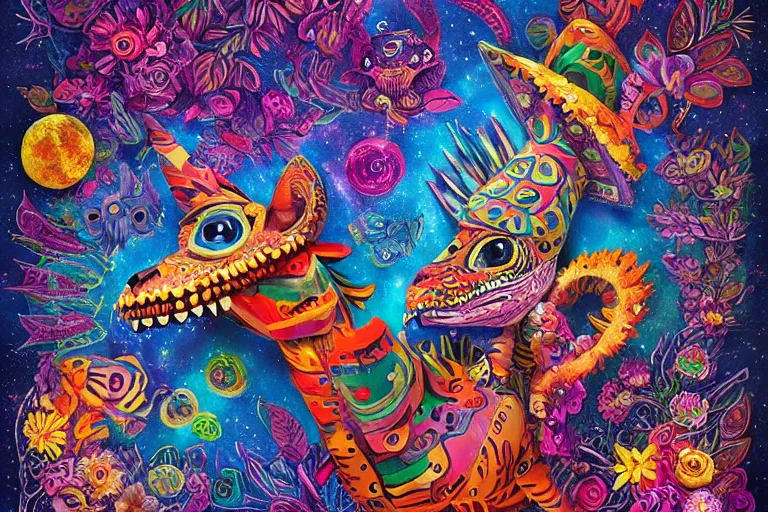 Image similar to Alebrijes” full body portrait, 3-D 8k , digital art, Mexican folk art, cute single animal, contrasting nebula background, Hyperdetailed, Martin Sandiego, Julia Fuentes, Adi Granov