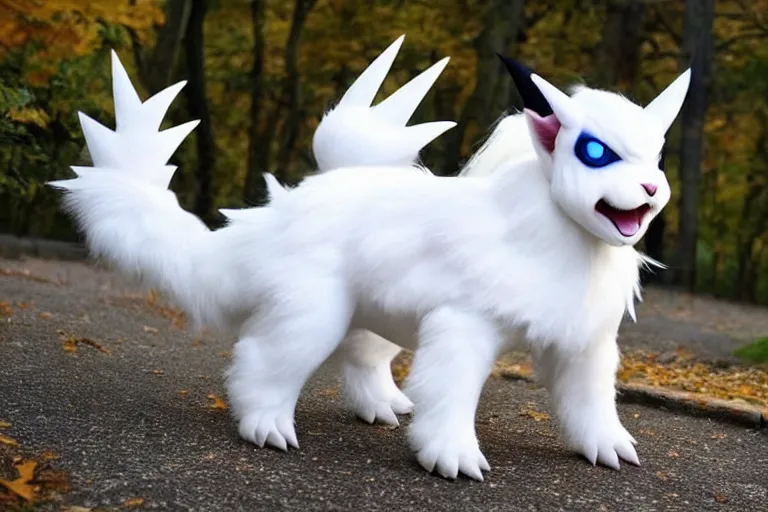 Image similar to real life absol pokemon, cute!!!, heroic!!!, adorable!!!, playful!!!, fluffly!!!, happy!!!, cheeky!!!, mischievous!!!, ultra realistic!!!, feline - like face and posture autumn, clear weather, ( golden hour ), sharp focus