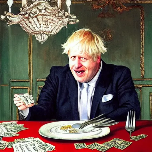 Image similar to painting of boris johnson eating a plate of money pound notes with a knife and fork, ornate feeling, chandelier, royal palace interior