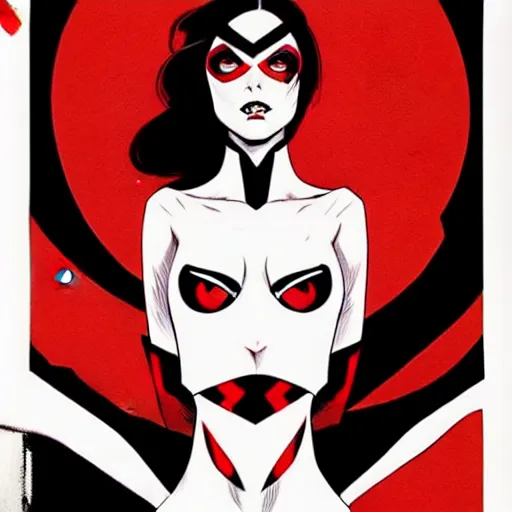 Image similar to rafael albuquerque comic art, peter mohrbacher, phil noto, artgerm, pretty evil elizabeth olson demon, black and red dress, symmetrical eyes