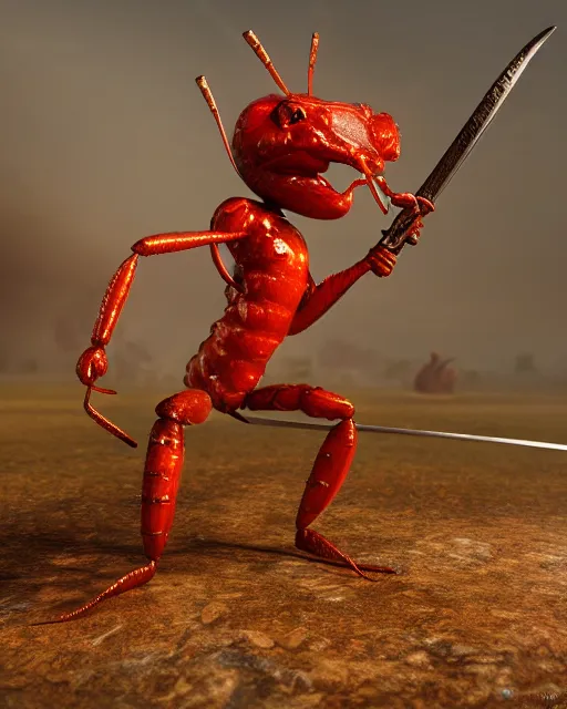 Prompt: an anthropomorphic fire ant fighting with a gun and a sword. Sharp focus, fantasy style, volumetric lighting, 8K hidg definition, highly detailed, trending on artstation