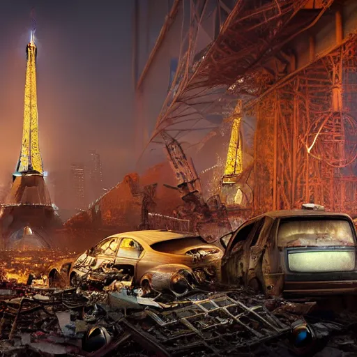 Image similar to A beautiful intricate 8K award-winning ground-level cinematic movie photograph of the future rusting rubble of the fallen and decimated Eiffel Tower, lying in pieces on the ground, surrounded by neon and collapsing corporate video billboard displays. in the year 2050, by Bruno Delbonnel and greg rutkowski. octane render, Arri Alexa 65. Cinematic lighting