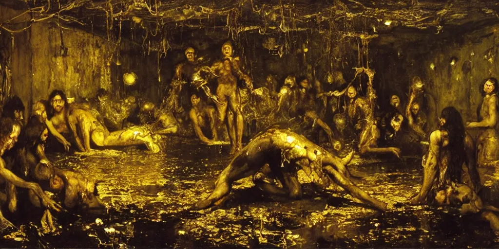 Prompt: realistic Courbet painting of a dark sci-fi laboratory at night, zombiewalking dressed in rags made of guts and veins dripping golden shiny metalic fluid from ribcage to the floor. liquid shiny pool of gold on the floor.