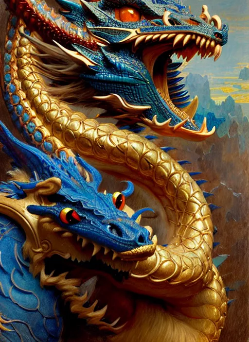 Image similar to artstation, intricate details, hyper details, by gaston bussiere and sandro botticelli, cute anthropomorphic blue dragon husband, snarling, furry